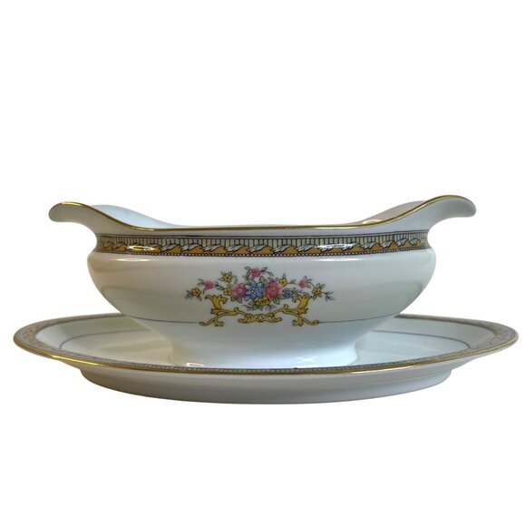 Antique Noritake Gravy Boat N364 Circa 1915 Attached Plate Old "M" Japan Antique - Picture 1 of 9